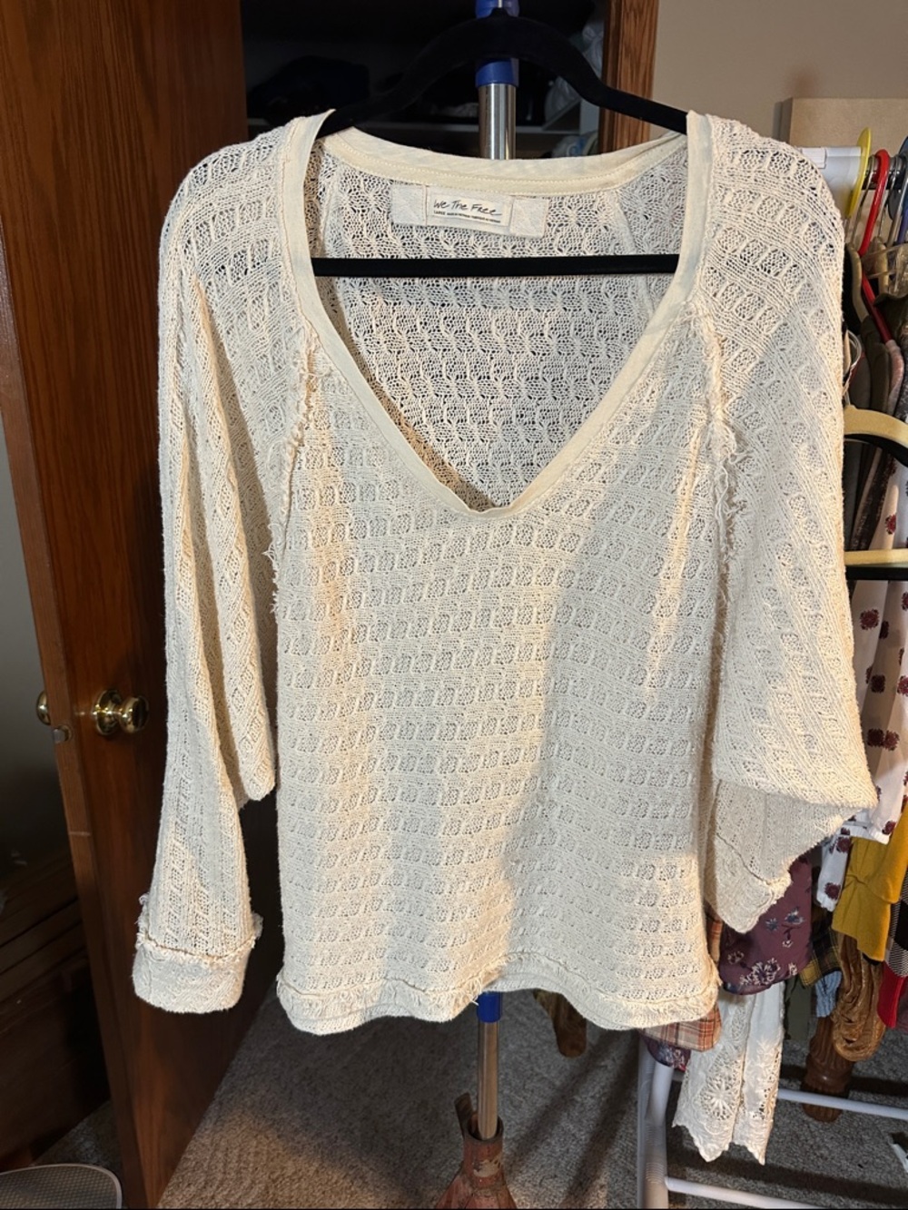 We The Free Cream Open-Knit V-Neck Pullover